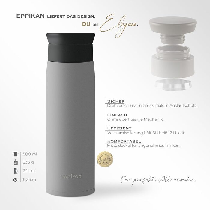 Термокружка EPPICAN EppiToGo з нержавіючої сталі, 500 мл, для подорожей, авто, з герметичним отвором, сірий колір