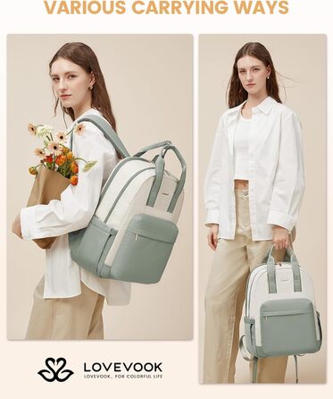 LOVEVOOK Рюкзак для жінок, 15.6 дюймів, рюкзак для школи, дівиччий рюкзак з відділенням для ноутбука, водонепроникний, для подорожей, роботи, навчання, рюкзак для університету, офісу, відпочинку, 15.6 дюймів, 1 світло-зелено-бежевий
