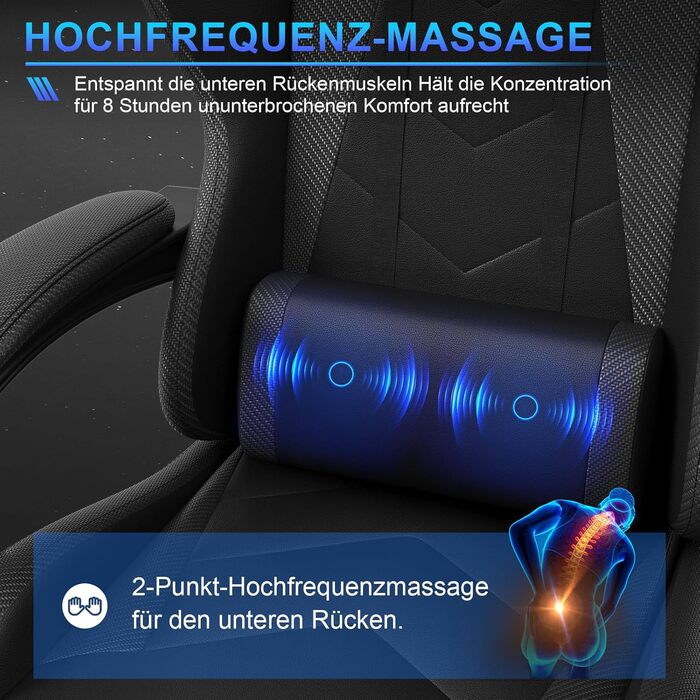 Ігровий крісло JUMMICO з масажем, ергономічний офісний крісло з підголовником для попереку, регульована спинка 90-135°, підставка для ніг, чорний, до 150 кг