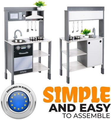 Дерев'яна дитяча кухня Kinderplay з LED та звуками приготування їжі, регульована висота 92–107 см, іграшкова кухня для ролевих ігор від 3 років, повний комплект з аксесуарами, світло-сірий (Modern - Grau)