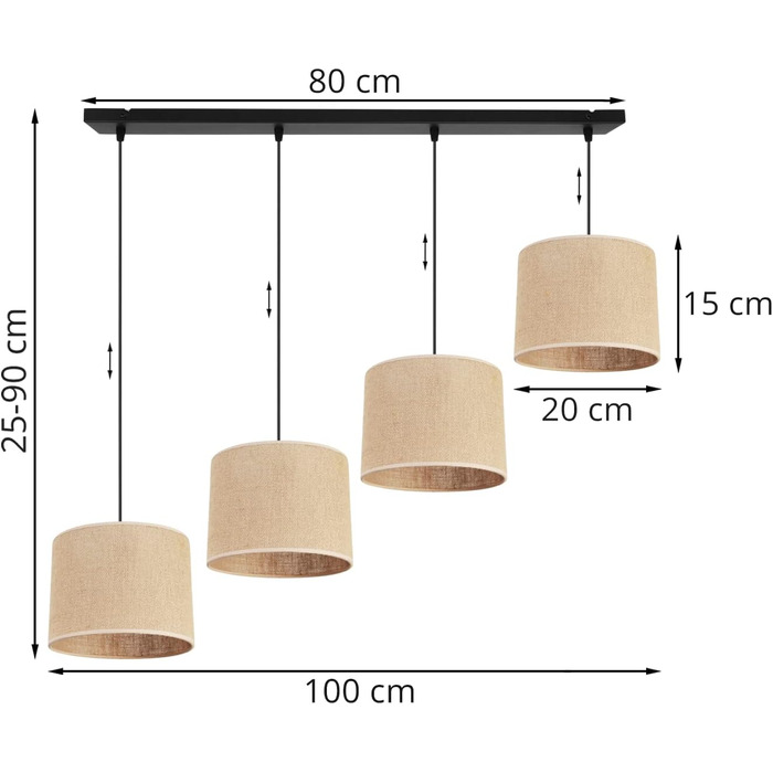 Підвісний світильник Light-Home Juta - Стельовий світильник - Металевий підвісний світильник з тканинним абажуром - E27 - Класичний 3-Light 20 см - Чорна основа - (Джут, чорна основа - 4-Flame)