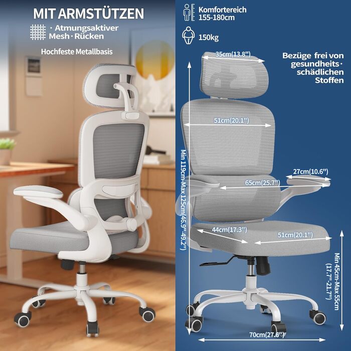 Ергономічне крісло TRALT для офісу з регульованою підтримкою попереку та підголівником. Ігрове крісло, офісне крісло для дому та офісу. Максимальне навантаження 150 кг, сірого кольору.