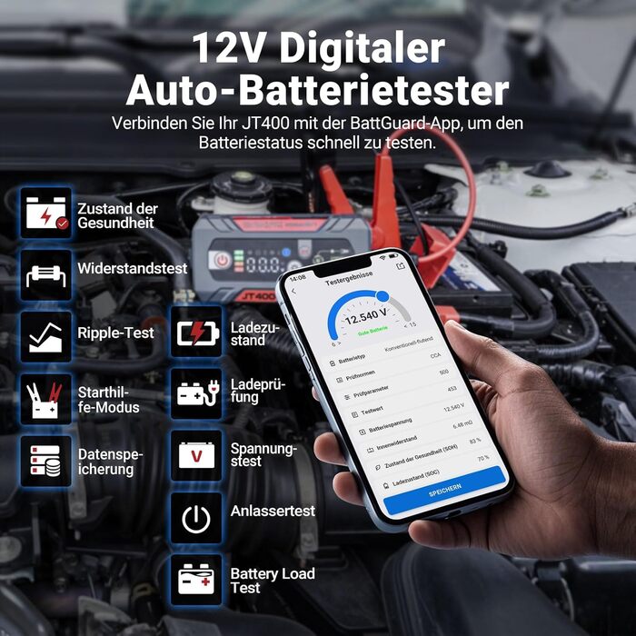 Портативний пусковий пристрій та тестер акумулятора LOKITHOR JT400: 2500A, 12V, для бензинових (8.5L) та дизельних (6.5L) авто