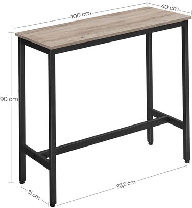 Барний стіл, кухонний стіл, кухонна стійка, прямокутний барний стіл, міцний металевий каркас, проста збірка, вузький, промисловий дизайн, LBT10 шт. (сіро-чорний, 100 x 40 x 90 см)