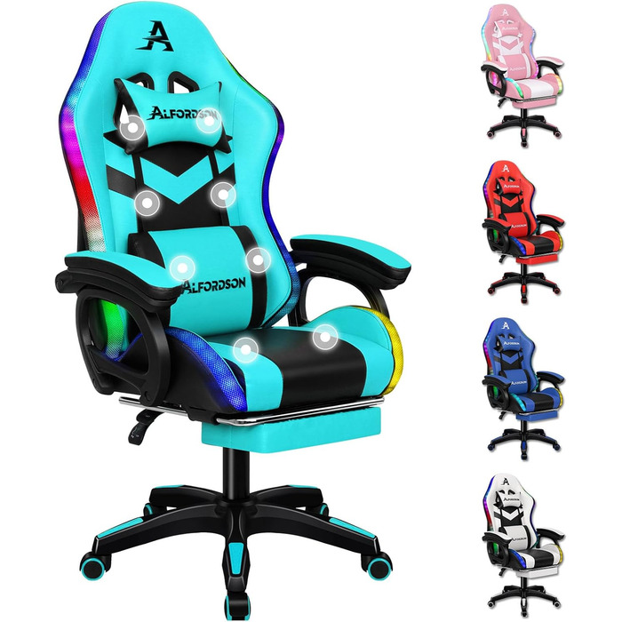 Ігровий крісло Alfordson з підсвічуванням RGB, масажний комп'ютерний крісло з підніжкою, ергономічний поворотний крісло з регульованою спинкою, колір Cyan