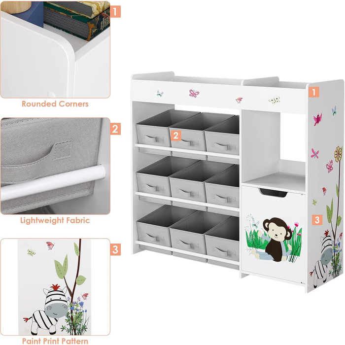 Дитяча полиця для іграшок HOCSOK з 9 ящиками, органайзер для іграшок, великий об'єм зберігання, книжкова полиця для дитячої кімнати, дерево, білий, 90 x 80 x 29,5 см