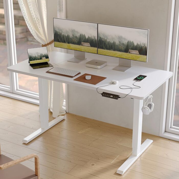 FEZIBO Регульований стіл з USB-портами, електричний, ергономічний, 120x60 см, білий
