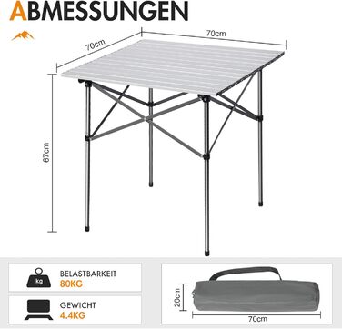 Складаний кемпінговий стіл PORTAL з алюмінієвою стільницею, витримує 80 кг, з сумкою для перенесення, білий — для пікніка, гриля, саду та балкона