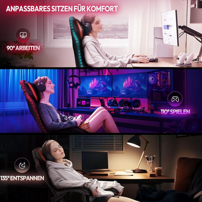 Ігровий крісло Dowinx з RGB підсвічуванням, LED, з підніжкою, для дорослих, ергономічний, з масажем попереку, PU шкіра, білий (червоний)