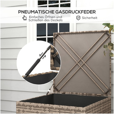 Ящик для подушок з поліротангу, тканинна внутрішня оббивка, легке відкривання/закривання, металевий каркас, 75B x 75T x 70H см, Чорний