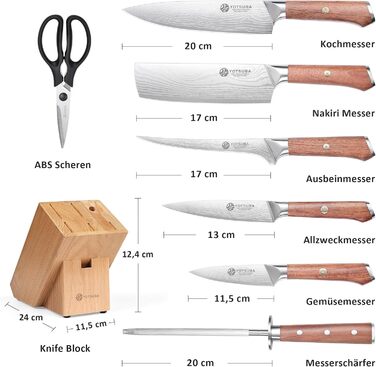 Набір кухонних ножів YOTSUBA 8 предметів з дерев'яним блоком, точилка, ножиці, кухонні ножі з нержавіючої сталі