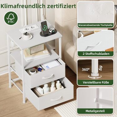 Нічний столик Somdot з LED, USB та Type-C, 2 висувні ящики, штучна шкіра, білий (30x40x60 см)