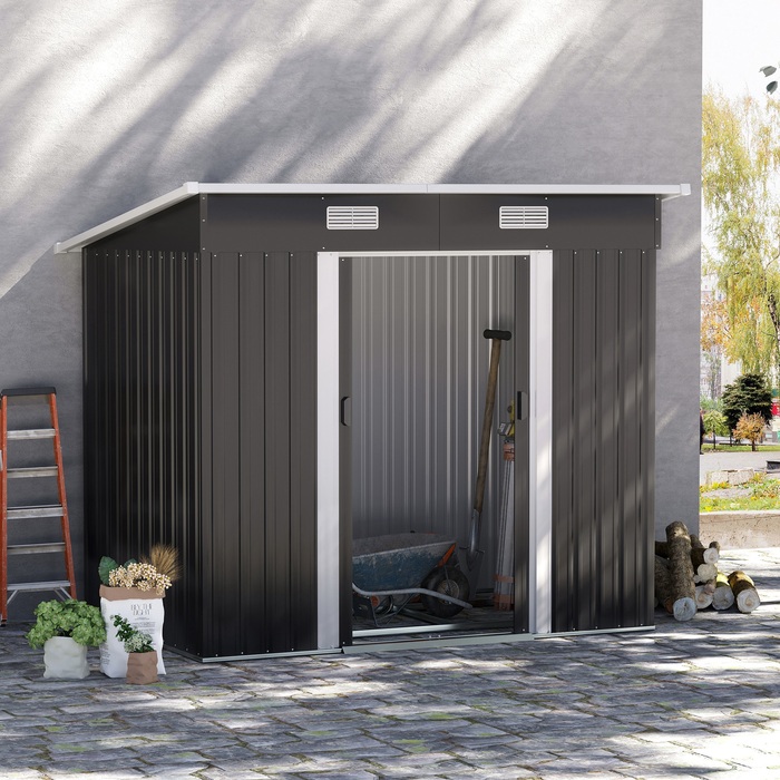 Сарай для інструментів Outsunny, металевий, 2,3 м², 207 x 130 x 182 см, з похилим дахом, вікном, фундаментом, розсувними дверима, стійкий до погодних умов, садовий будиночок, для саду, шоп для заднього двору, чорний колір | Aosom