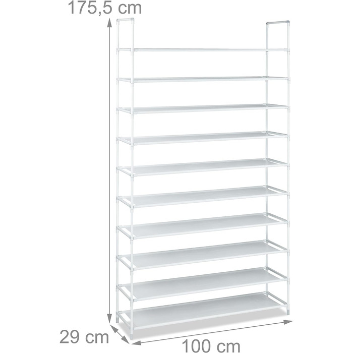 Тканина для полиці для взуття Relaxdays, HWD 175,5x100x29 см, на 50 пар взуття, 10 рівнів, вставна система, каркас для взуття XXL, (білий)