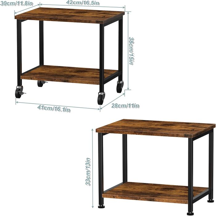 Двоярусний столик для принтера з роликами, 30x42x37 см, дерев'яний та металевий, мобільний, для офісу та вітальні (колір: коричневий)