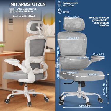 Ергономічне крісло TRALT для офісу з регульованою підтримкою попереку та підголівником. Ігрове крісло, офісне крісло для дому та офісу. Максимальне навантаження 150 кг, сірого кольору.