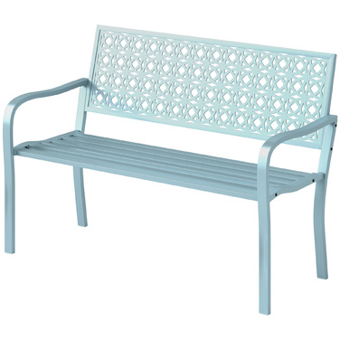 Лавочка для саду, сталева лавочка з вирізаним спинкою, підлокітниками, на 2 особи, блакитна