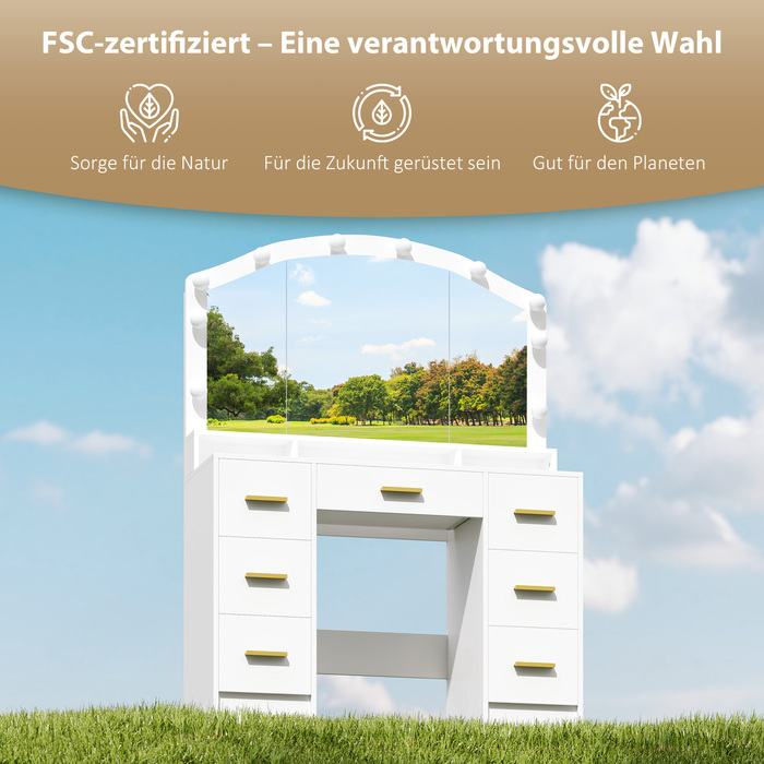 Туалетний столик з 10 LED-лампами в стилі Голлівуд, дзеркалом, 7 висувними ящиками, 3 відділеннями, МДФ, білий