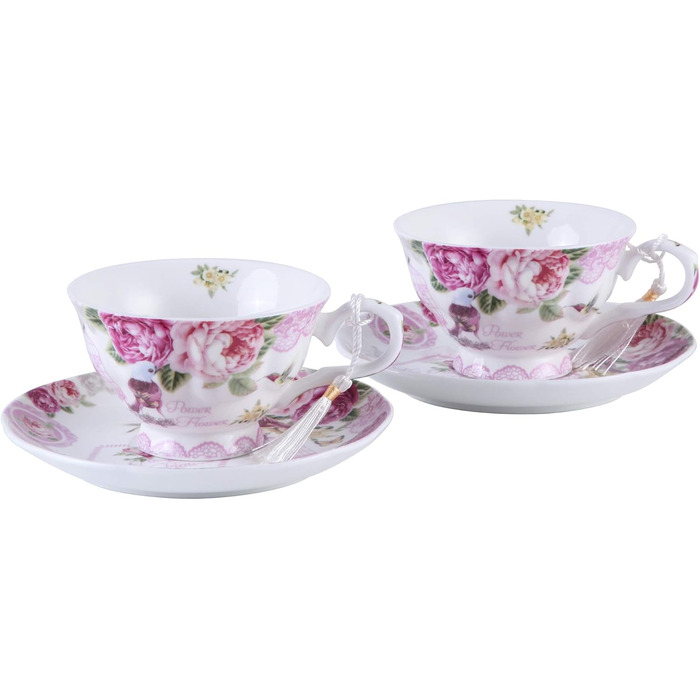 Набір чашок та блюдець London Boutique, Shabby Chic, вінтажний дизайн, порцелан з квітковим візерунком, 2 набори в подарунковій коробці, рожевий (Pink Bird Rose)