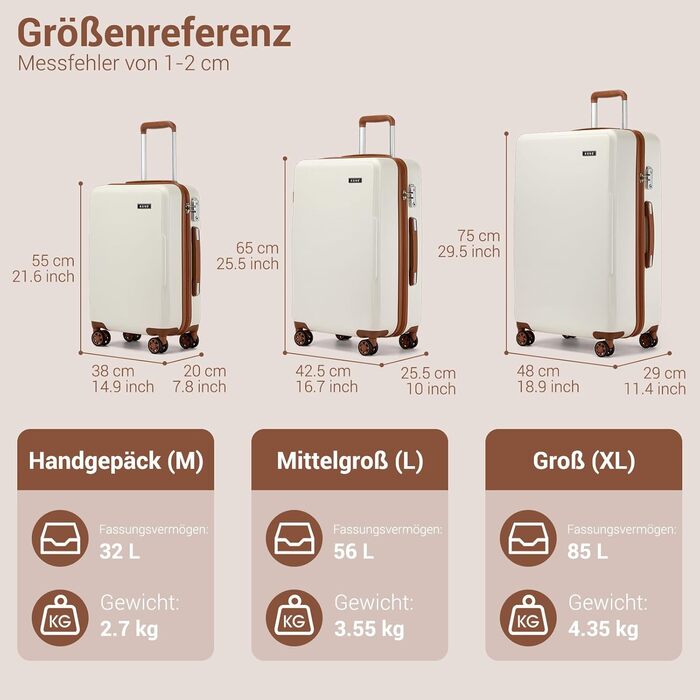 Чемодан KONO Mittelgroß: міцний ABS+PC, 60L, білий/коричневий, з TSA замком