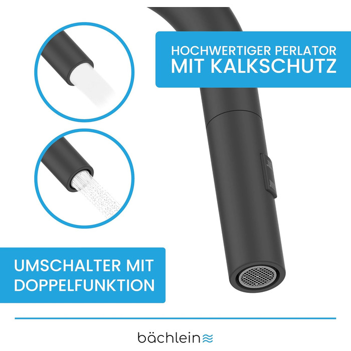 Змішувач для кухні Bchlein Plivo - Змішувач для раковини з одним важелем, поворот на 360, нержавіюча сталь, розсувний, чорний