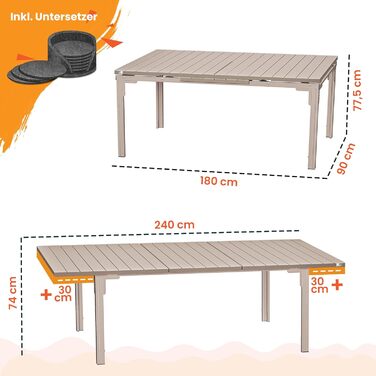 Розсувний садовий стіл KESSER® 180/240x90 см, на 8 осіб, з металевим каркасом та стільницею з HDPE, вологостійкий, UV-стійкий, з 6 підставками