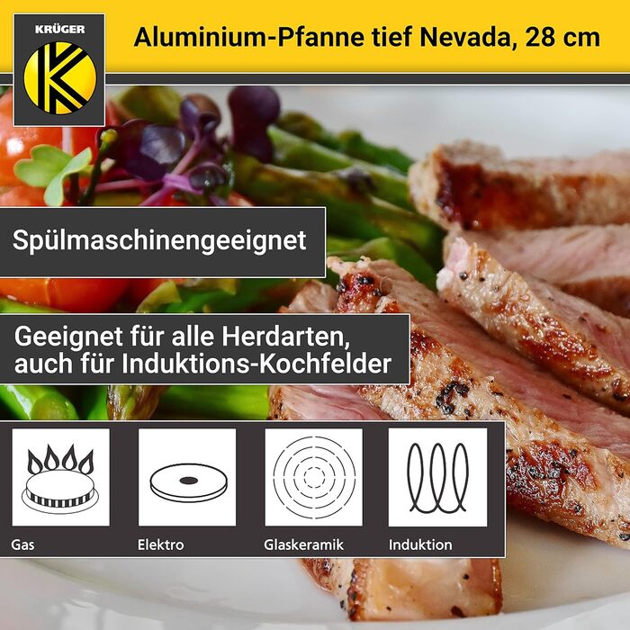 Алюмінієва сковорода KRGER Невада - Сковороди з високоякісним антипригарним покриттям - Ергономічна ручка сковороди - Можна мити в посудомийній машині та індукції (глибина 28 см)