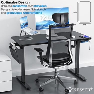Електричний регульований стіл KESSER® 100x60 см | Ергономічний стіл для стоячи/сидячи | Пам'ять 3-х позицій | З роликами 360° та USB-портом | Чорний | Для дому та офісу