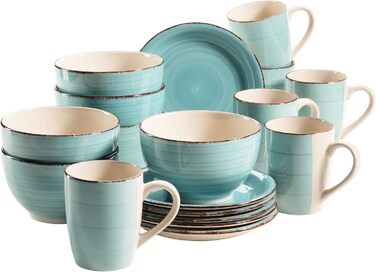 MÄSER Bel Tempo II Набір посуду для сніданку на 6 осіб, вінтажний стиль, ручне розписування, 18 предметів, кераміка, бірюзовий, Steingut Türkis/Ausflug, однотонний (Getaway Solids)