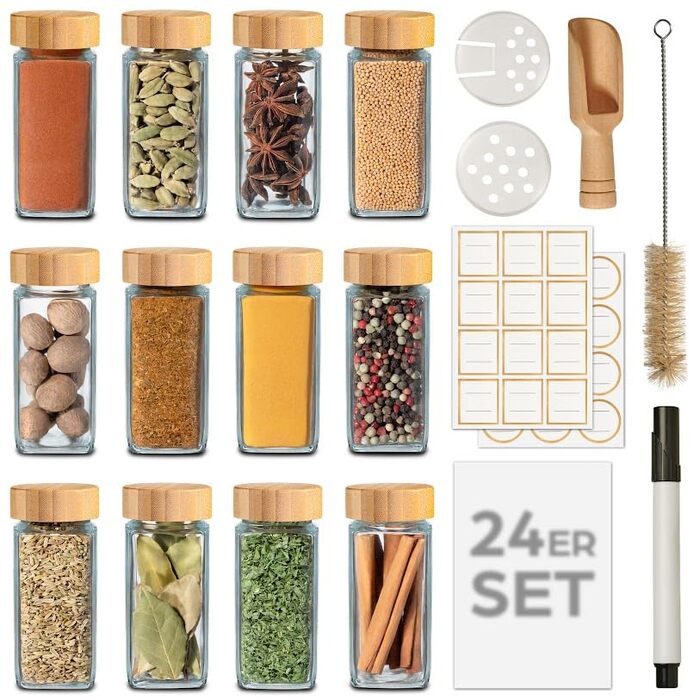 Набір баночок для спецій Praknu (24 шт.) з бамбуковими кришками FSC® - Організатор спецій з дозатором, 120 мл, з етикетками та щіткою для чищення, ложкою