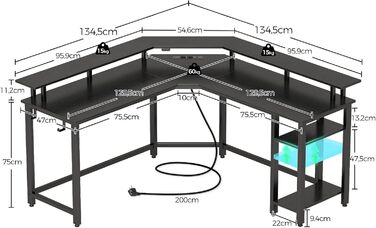 Комп'ютерний стіл Rolanstar L-подібний з RGB підсвічуванням та розетками, кутовий ігровий стіл, стіл для офісу, робочого кабінету, спальні (117 см, чорний, 137 x 137 x 87 см)