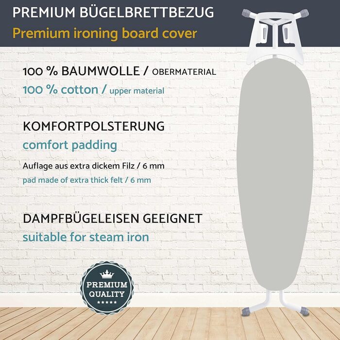 Чохол для прасувальної дошки ламодо 140x45 см, 100 бавовна, підходить для парового прасування, дуже товстий, еластичний, світло-сірий XL