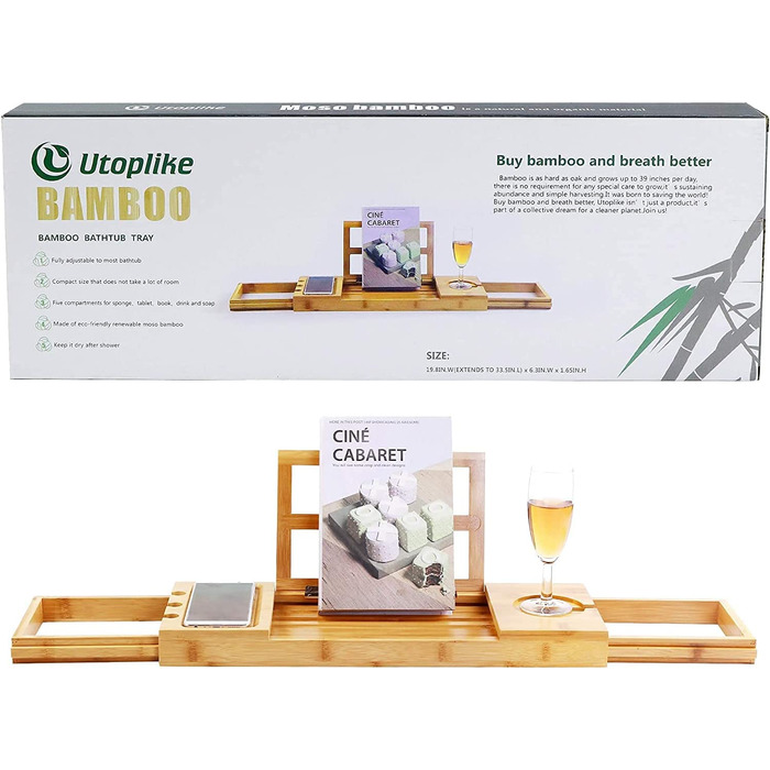 Підставка для ванни Utoplike з бамбука, регульована, органайзер для ванни з тримачем для книги, планшета, келиха, чашки, рушника (натуральний колір, 50.2 x 16 x 4.2 см)