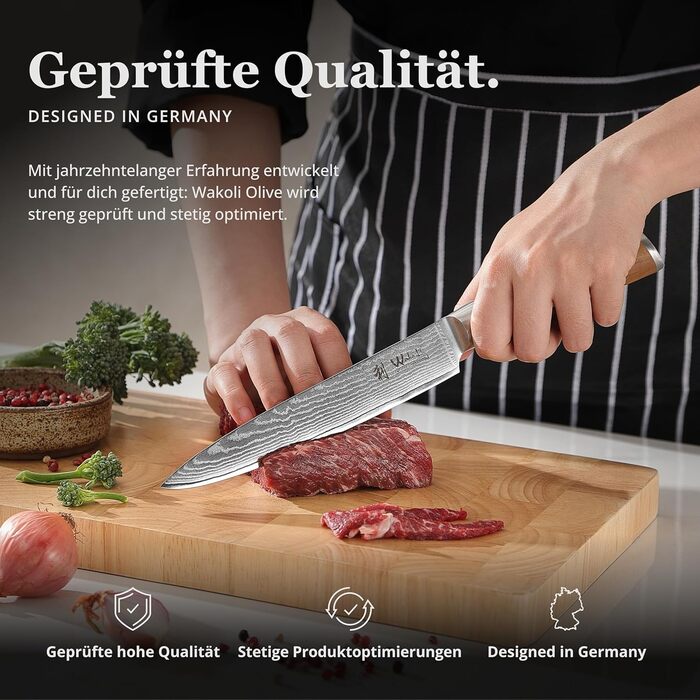Ніж кухарський Wakoli з дамаської сталі (серцевина VG10) з 20 см лезом – гострий та збалансований – ніж з ручкою з оливкового дерева в подарунковій коробці – ніж кухарський з дамаської сталі для професіоналів та поціновувачів (ніж для нарізання)