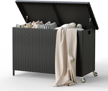 Водонепроникний садовий ящик Amopatio Gartenbox 480л з поліротангу, металевий ящик для подушок на колесах з газліфтом для саду та балкону (чорний)