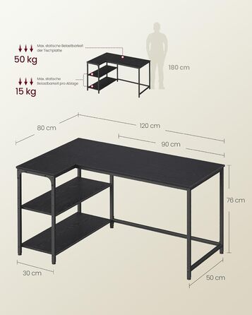 Кутовий стіл VASAGLE L-подібний з полицею, комп'ютерний стіл з місцем для зберігання, офісний стіл для дому, 120 x 80 см, Чорний горіх