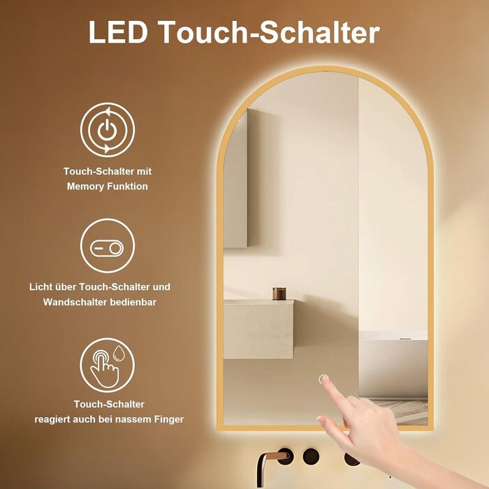 Дзеркало для ванної кімнати овальне з підсвічуванням 75x45 см, LED, сенсорне керування, зміна кольору світла (тепле/холодне/нейтральне), золото