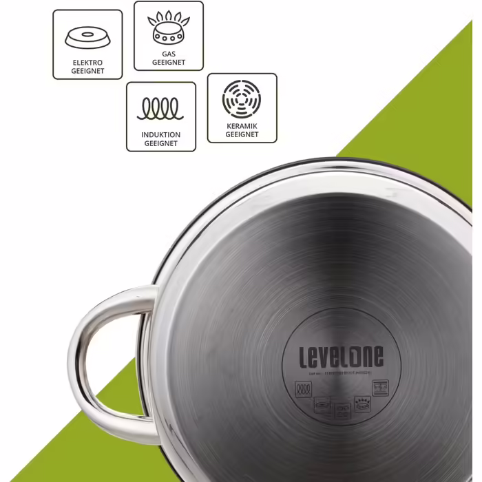 Набір каструль LEVELONE 4 предмети з нержавіючої сталі для індукції, з кришками та мірною шкалою, різні розміри, поліровані, без покриття
