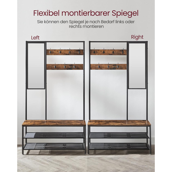 Дзеркало-вішалка VASAGLE HSR415B01 з банкеткою, полицею для взуття, гачками, 35 x 98 x 180 см, для прихожей, спальні, вітальні, індустріальний стиль, вінтажний коричневий + чорний