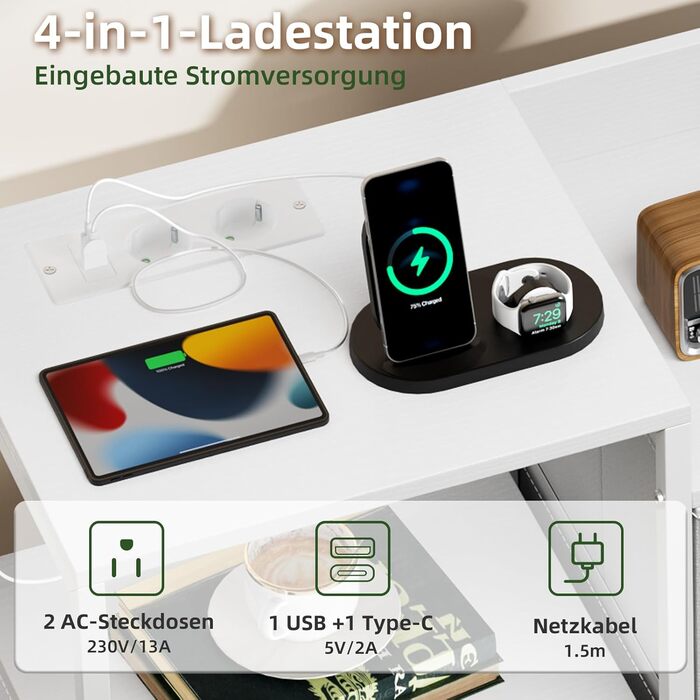 Комод з ящиками для спальні, вітальні, коридору Somdot з LED-підсвіткою та розетками (2 AC, 1 USB, 1 Type-C), 5 тканинних ящиків, білий, 29T x 66,5B x 70,5H см, штучна шкіра