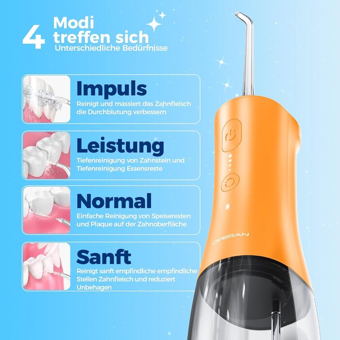 Портативна електрична ірригатор для ротової порожнини Operan Munddusche - 300 мл, 4 насадки (Оранжевий)
