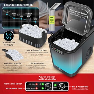 Машина для приготування льоду KESSER® з нержавіючої сталі, 12 кг/24 год, швидка підготовка (7 хв), 2.2 л бак, 2 розміри кубиків льоду, LED-дисплей, самоочищення, аксесуари, антрацит