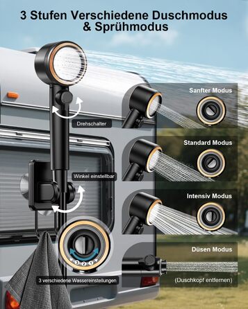 Портативна душ для кемпінгу AUTOPkio з акумулятором 8000mAh, насосом та дисплеєм, IPX8, чорний