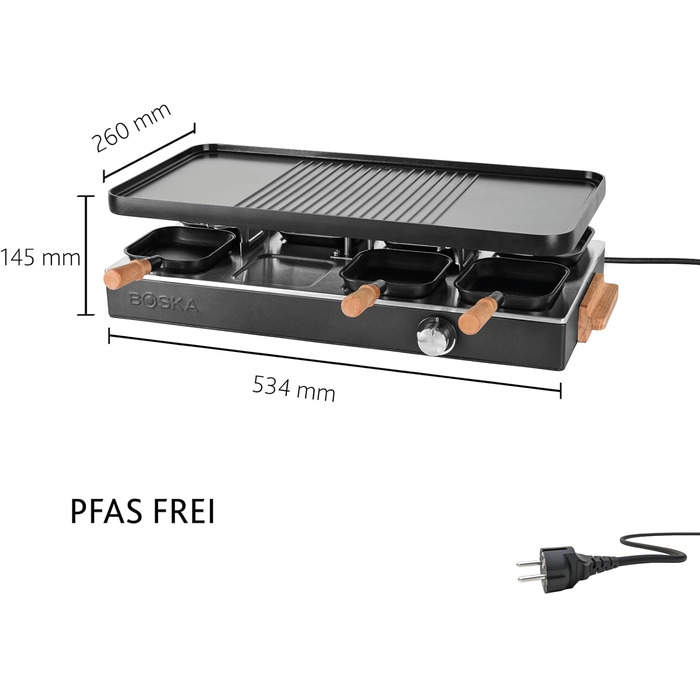 Рашетт BOSKA Raclette Gourmet Party на 8 осіб – гриль з керамічною поверхнею, ручки з бука, поворотна алюмінієва пластина, чорний колір
