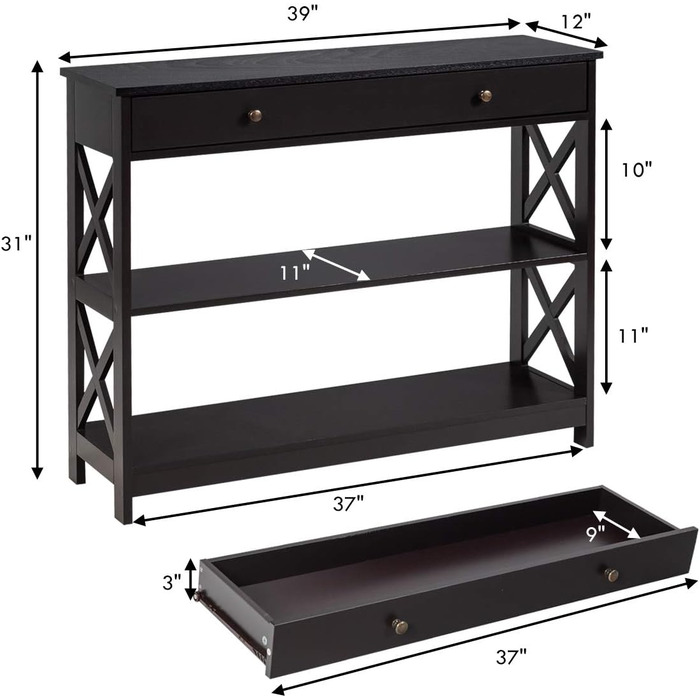 Консольний стіл з ящиком COSTWAY, 3 рівня, дерево, 100x30x80 см, для передпокою, вітальні, спальні