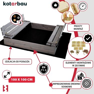 Пісочниця KOTARBAU® з кришкою, 120x120 см, дерево, з лавками