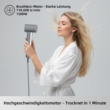 Фен для волосся Healthkeep з негативними іонами, 1600 Вт, високошвидкісний мотор 10 000 об/хв, 2 дифузори, низький рівень шуму (<78 дБ), швидке сушіння