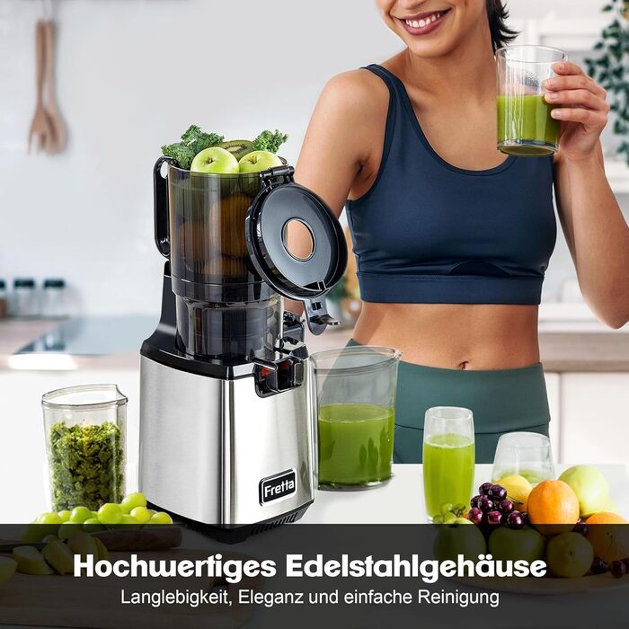 Фреш-прес Fretta Slow Juicer: повільний соковитискач з нержавіючої сталі, 135 мм, 1.8 л, з функцією реверсу, BPA Free, 250W сірий