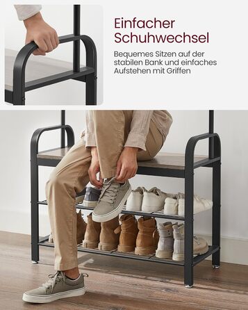 Стійка для одягу VASAGLE з полицею для взуття, 4-в-1, 9 знімних гачків, штанга для одягу, для передпокою, 33.7 x 72 x 183 см, індустріальний дизайн, горіхово-чорний колір