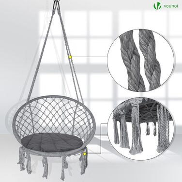 Підвісне крісло-гойдалка VOUNOT з полицею для книг та подушкою, для дому та саду, діаметр сидіння 80 см, X-Large, сірий колір